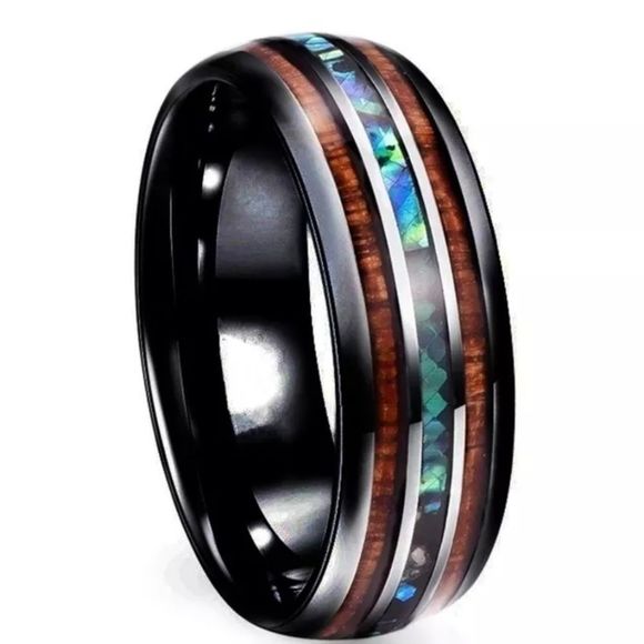 SALE Men's 8MM Black Tungsten Steel Inlay Koa Wood Band Wedding Engagement Ring - Picture 1 of 4